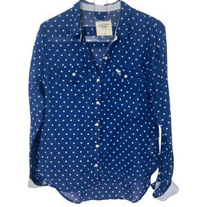 Abercrombie & Fitch Sheer Blue Polka Dot Shirt Medium Stripe Cuff Top Preppy Y2K